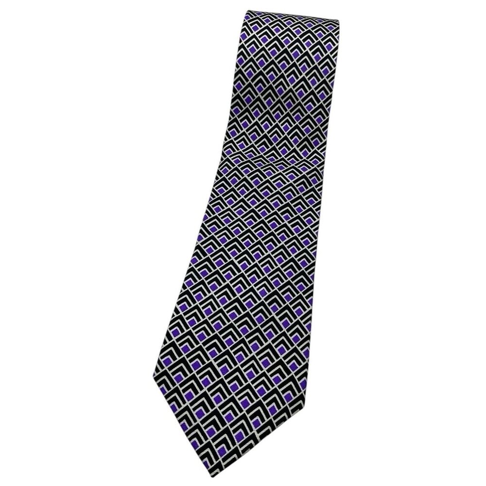 LAUREN RALPH LAUREN Men's Silk Necktie LUXURY Black Purple Geometric W:3.4" EUC